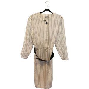 Melissa Belted A Line Midi Dress Beige Striped Womens Size 14 Long Sleeve 80s‎